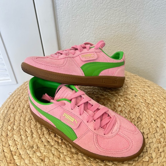 Puma Shoes - Puma Pink and Green Suede Sneakers with Gum Sole women’s size 61/2 Like new